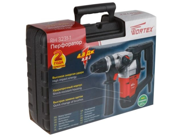 Перфоратор WORTEX RH 3231-1 в чем. + (2 зубила, 3 сверла) 1000 Вт, 4.8 Дж, 32 мм, 2 режима, SDS-plus