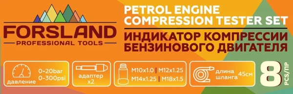 Индикатор компрессии бензинового двигателя Profi 8пр.(0-21Bar, М10, М12, М14, М18 + 2 жестких прижимных адаптера-переходника) , в кейсе