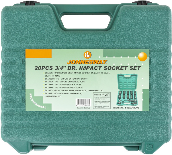 Набор головок торцевых ударных глубоких JONNESWAY S03AD6120S (3/4", 20 предметов)