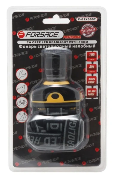Фонарь светодиодный налобный в комплекте с батарейками (3 световых режима, 1LED, 3xAAA), в блистере