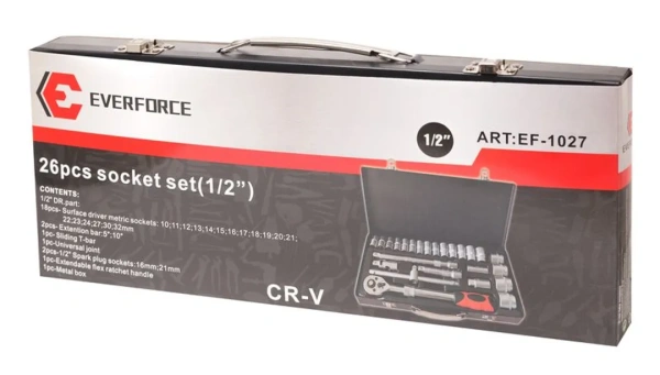 Набор инструментов с телескопической трещоткой 26пр. 1/2'' (6гр.)(10-32мм), в металлическом кейсе