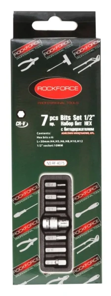 Набор бит HEX с битодержателем,7пр.1/2''(L:30мм,4, 5, 6, 8,10,12мм), в ложементе