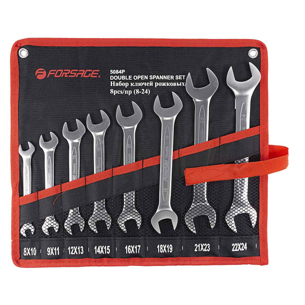 Набор ключей рожковых, 8пр.(8x10, 9х11,12x13,14x15,16x17,18x19,21x23,22x24мм),на полотне