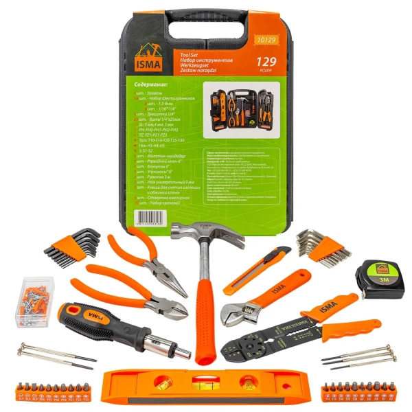 Набор инструментов 129пр.(шарнирно-губцевый,биты,отвертки,молоток, нож канцелярский), в кейсе