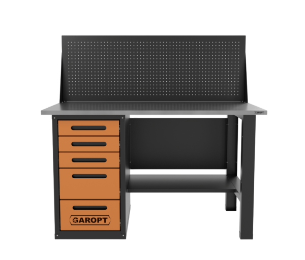 Верстак однотумбовый 5 ящиков с экраном Garopt оранжевый1400*700