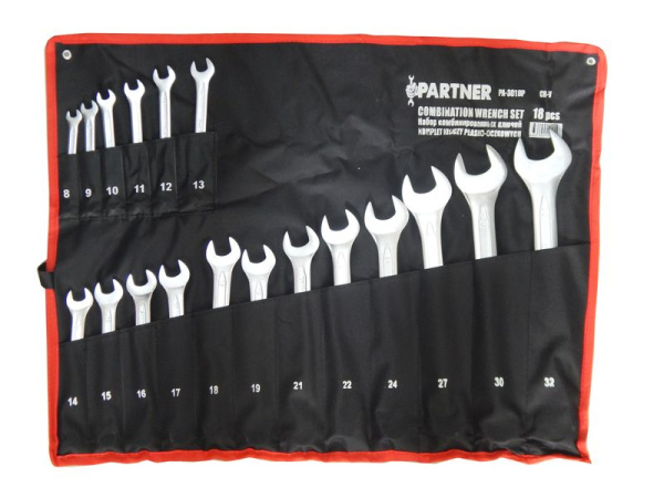 Набор ключей комбинированных, 18пр.(8-19, 21, 22, 24, 27, 30, 32мм), на полотне