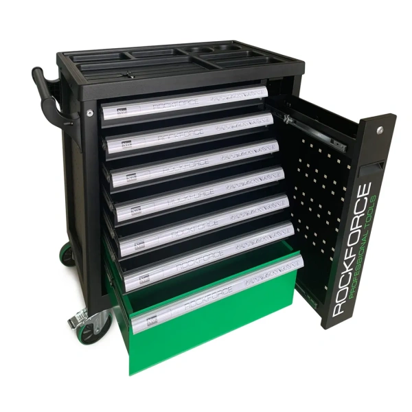 Тележка инструментальная 7-ми полочная (зеленая), с дополнительной боковой секцией, 600х790х970 (полки:65х500х395-6шт,200х500х395мм-1шт)