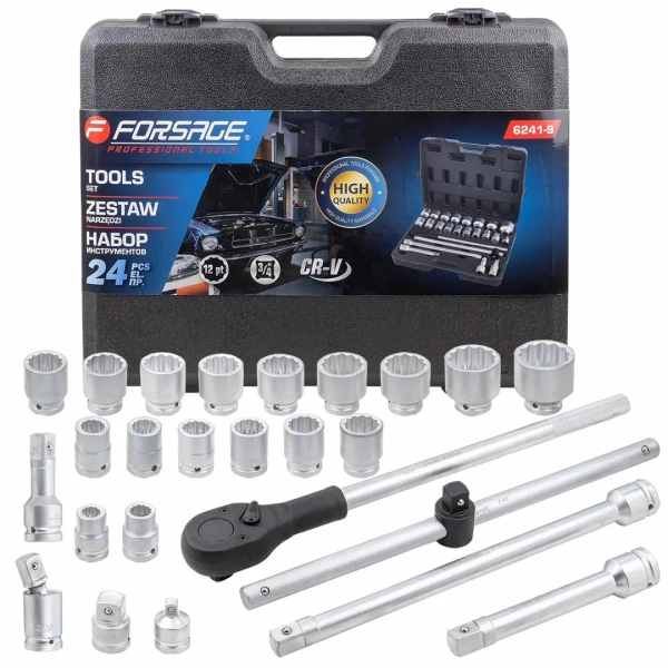 Набор инструментов 24пр. 3/4''(12гр.)(17,19,21,22,24,27,30,32,33,34,35,36,38,41,46,50), в кейсе