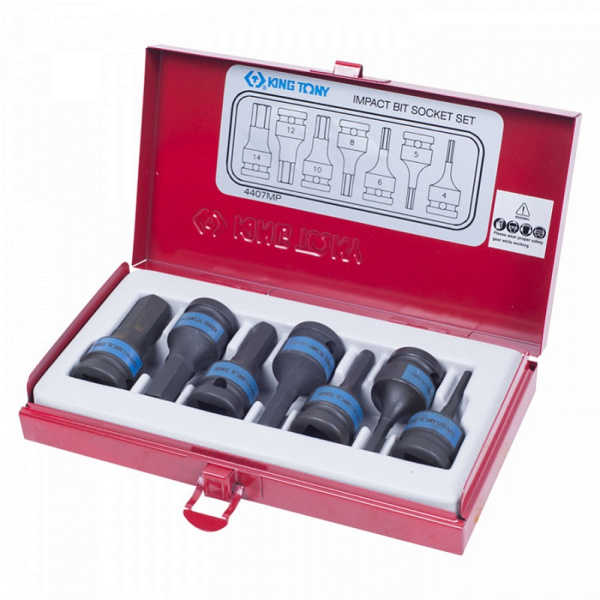 Набор ударных торцевых насадок KING TONY 4407MP, 1/2", HEX, 4-14 мм, L = 60 мм, 7 предметов