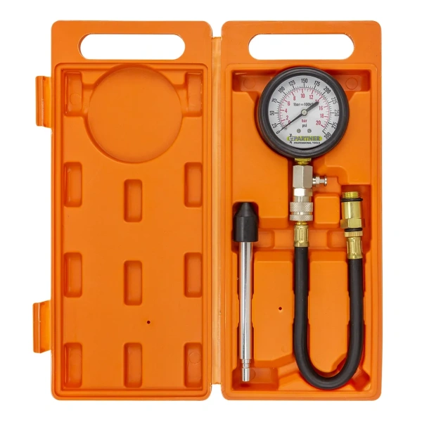 Индикатор компрессии бензинового двигателя (0-21Bar, М14, М18 + жесткий прижимной адаптер-переходник) 3пр., в кейсе