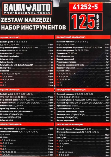 Набор инструментов 125пр. 1/4'', 1/2''(6гр.)