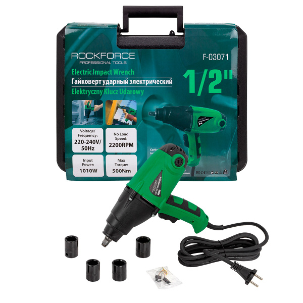Гайковерт ударный электрический 1/2''(230V, 1020W, 600Нм) с комплектом головок (17, 19, 21, 23мм)