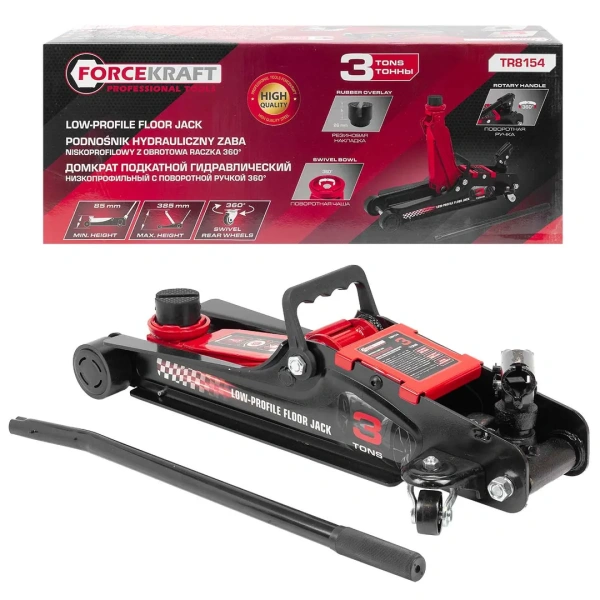 Домкрат подкатной гидравлический низкопрофильный 3т (поворотная ручка 360°,h min 85мм, h max 385мм)