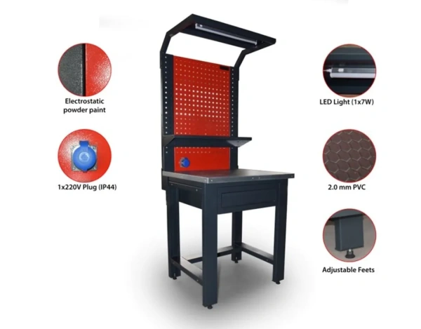 Верстак металический с выдвижной полкой 730х800х2000мм (столешница 690х800мм, перфорация 800х1080мм)