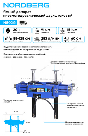 Домкрат пневмогидравлический ямный двухштоковый NORDBERG N502G (канавный подъемник, 20 т)