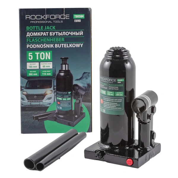 Домкрат бутылочный 5т с клапаном (высота подхвата - 185мм, высота подъема - 360мм, ход штока - 115мм, винт-60мм)