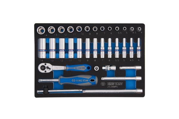 Набор торцевых головок с принадлежностями 1/4", шестигранные, 4-14 мм, 34 предмета KING TONY 2534MRV