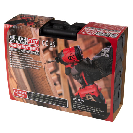 Аккумуляторный шуруповерт MIGHTY SEVEN DS-202AP, ударный, 18 В, 4 предмета, кейс, в комплекте набор бит