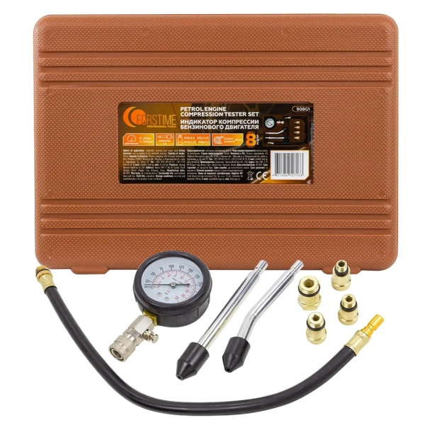 Индикатор компрессии бензинового двигателя Profi 8пр.(0-21Bar, М10, М12, М14, М18 + 2 жестких прижимных адаптера-переходника) , в кейсе