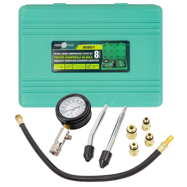 Индикатор компрессии бензинового двигателя 8пр.(0-20Bar, М10х1.0, М12х1.25, М14х1.25, М18х1.5 + 2 жестких прижимных адаптера-переходника),в кейсе