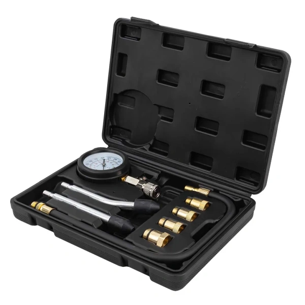 Индикатор компрессии бензинового двигателя 8пр.(0-20Bar, М10х1.0, М12х1.25, М14х1.25, М18х1.5 + 2 жестких прижимных адаптера-переходника),в кейсе