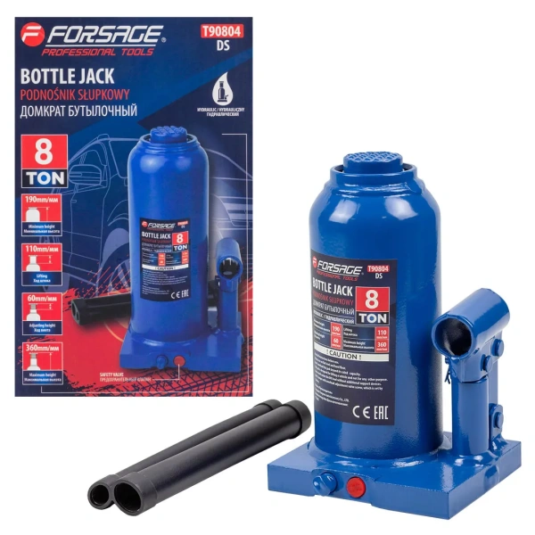 Домкрат гидравлический бутылочный, 8т (с предохранительным клапаном, минимальная высота: 190 мм, ход штока: 110 мм, ход винта: 60 мм, максимальная выс