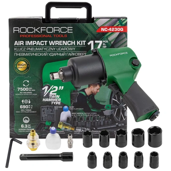 Пневмогайковерт ударный ''Twin Hammer''с реверсом и регулировкой усилия+набор головок 1/2''(9-27мм,690Hм, 7500 об/мин,6.3bar,вес 2.9кг)в кейсе
