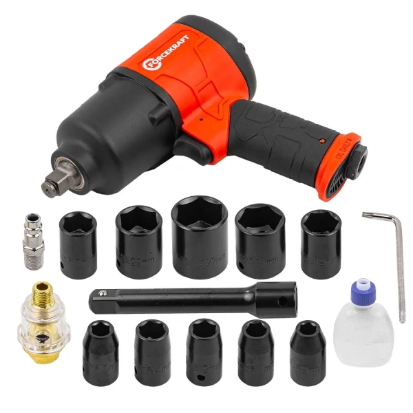 Пневмогайковерт ударный''Twin Hammer''срегулировкой1/2''+набор головок(9-11,13,14,17,19,22,24,27мм,720Hм,7500об/мин,6.3bar,236л/мин+лубр.-р+ штуцер)