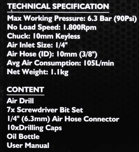 Пневмодрель с реверсом, набором бит и сверл 20пр(патрон:1-10мм,105 л/мин, 1800об/мин,6.3Bar,штуцер 1/4'')