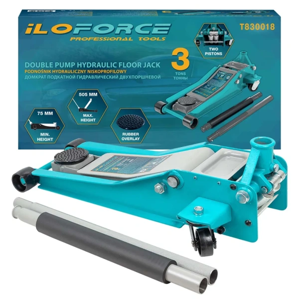 Домкрат подкатной гидравлический низкопрофильный двухпоршневой с резиновой накладкой 3т (h min 75мм, h max 505мм)