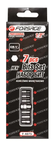 Набор бит HEX с битодержателем,7пр.1/2''(L:30мм,4, 5, 6, 8,10,12мм), в ложементе