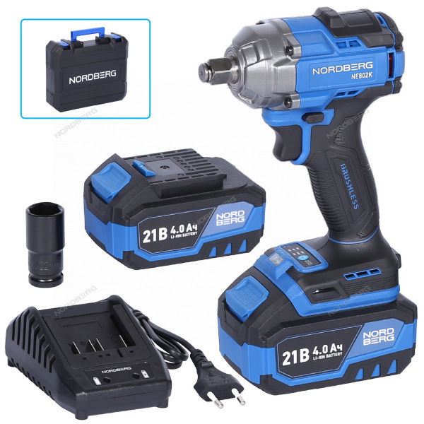 Гайковерт аккумуляторный, 1/2", 21В, 500 Нм с двумя 4A аккум. и зар. уст-вом, в кейсе  NE802K NORDBERG