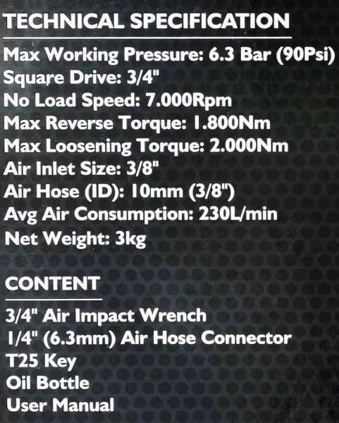 Пневмогайковерт ударный ''Twin Hammer''с реверсом и регулировкой усилия 3/4''(1800Hм, 7000 об/мин,6.3bar,230л/мин,вес 3кг)