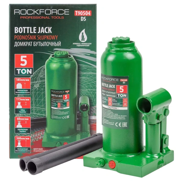 Домкрат гидравлический бутылочный, 5т (с предохранительным клапаном, минимальная высота: 185 мм, ход штока: 115 мм, ход винта: 60 мм, максимальная выс