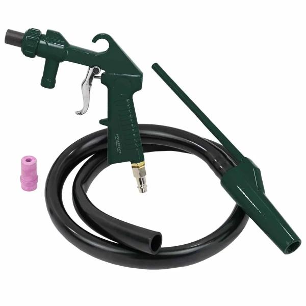 Пневмопистолет пескоструйный шлангового типа (2 сменных сопла, вход 1/4'', шланг 1м, расход воздуха 180л/мин, давление 6бар) в блистере