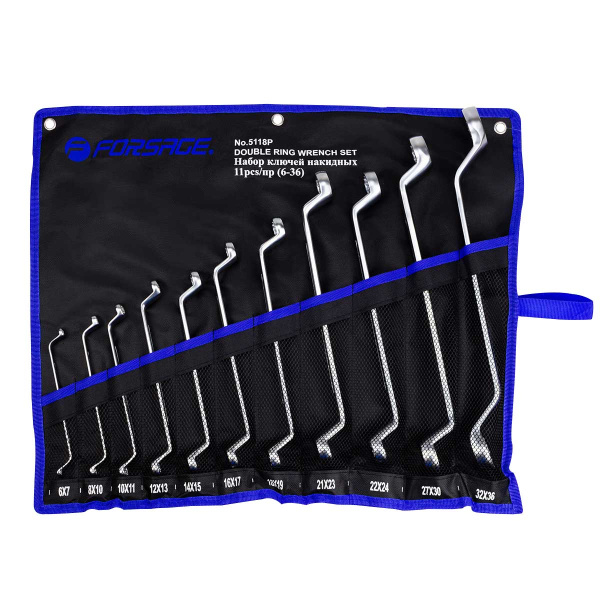 Набор ключей накидных отогнутых на 75грд. 11пр.(6x7,8x10,10x11,12x13,14x15,16x17,18x19,21x23,22x24,27x30, 32x36мм), на полотне