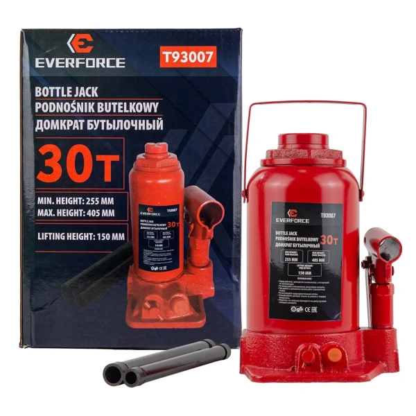Домкрат бутылочный гидравлический с клапаном 30т(h min 255мм, h max 405мм, ход штока-150мм)
