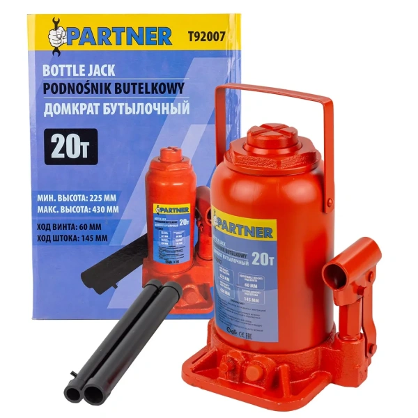 Домкрат бутылочный 20т с клапаном (h min-225мм, h max-430мм, ход штока-145мм, ход винта-60мм)
