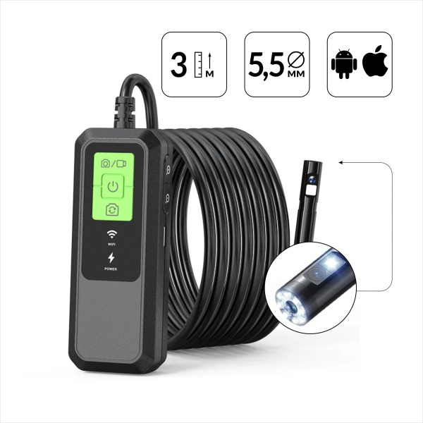 Видеоэндоскоп iCartool IC-V803-3 (WIFI, 2 камеры, 3.5 Мп, 2560x1440, 3 м, 5.5 мм зонд)