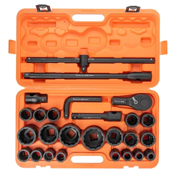 Набор инструментов ударных 26пр, 3/4''1''(12гр.) (17,19,22,24,27,30,32,33,34,35,36,36-6гр,38,41,46,50мм,1'':55,60,65мм) в пласт.кейсе