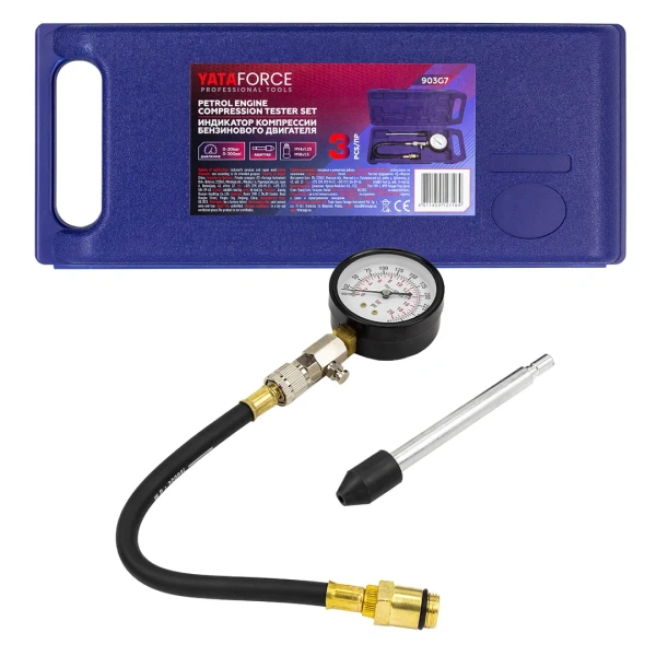 Индикатор компрессии бензинового двигателя Profi (0-21Bar, М14, М18 + жесткий прижимной адаптер-переходник) 3пр., в кейсе