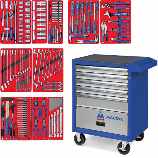 Тележка инструментальная с набором инструментов "МАСТЕР" 205 предметов МАСТАК 52-05205B