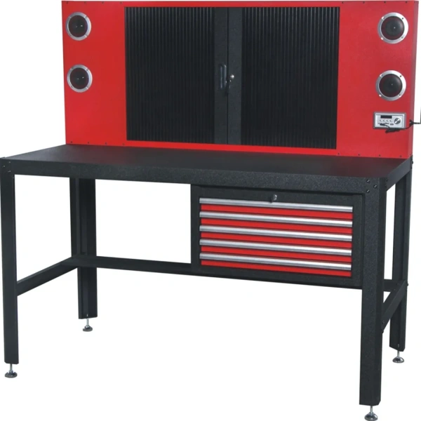 Верстак металлический с префорацией и подвесным ящиком Profi: 760х1560х1570мм.Префорация с роллетом,встроеными 4-мя динамиками и радио:140х1560х640мм,