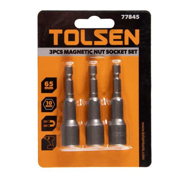 Набор головок для шуруповерта шестигранных 1/4", 10 мм, 65 мм, магнитных 3 предмета TOLSEN TT77845
