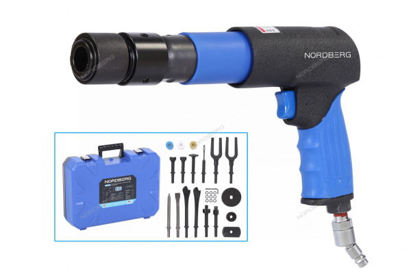 Пневмозубило NORDBERG NP5070K1 (250 мм, с комплектом насадок и быстросъемным держателем в кейсе, 20 предметов)