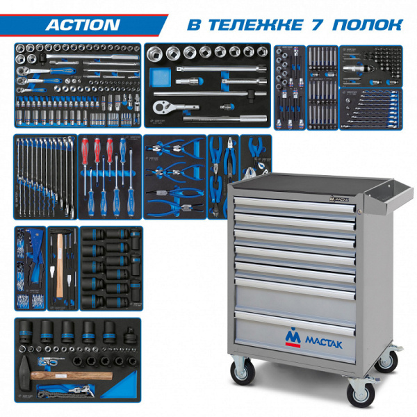 Инструментальная тележка с набором инструментов "ACTION" 327 предметов KING TONY 934-327AMG (серая)