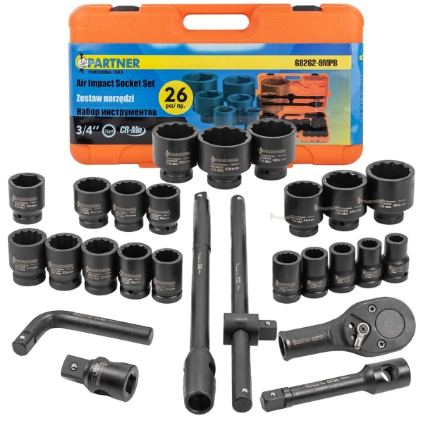 Набор инструментов ударных 26пр, 3/4''1''(12гр.) (17,19,22,24,27,30,32,33,34,35,36,36-6гр,38,41,46,50мм,1'':55,60,65мм) в пласт.кейсе