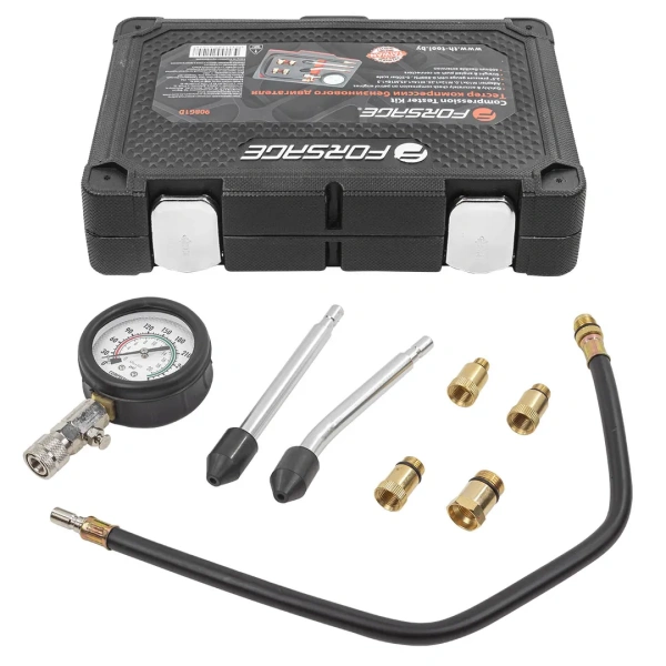 Тестер компрессии бензинового двигателя(0-20bar,удл-ль 500мм ,удл-ли прямой/изогнутый 150мм,адаптеры:М10х1.0,М12х1.25,М14х1.25,М18х1.5)в кейсе''Premium