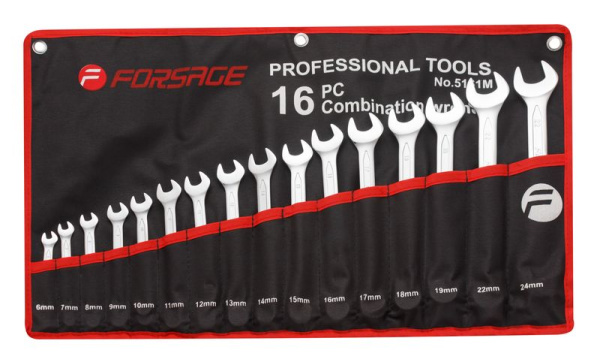 Набор ключей комбинированных, 16пр.(6-19, 22, 24мм),на полотне