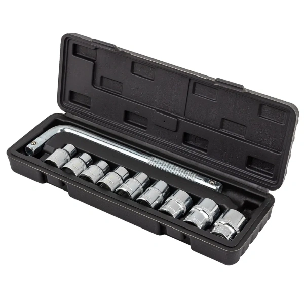 Набор головок торцевых 6-гранных с Г-образным воротком 220мм 10пр. 1/2''(8, 10-14, 17, 19, 21мм) в пласт. кейсе
